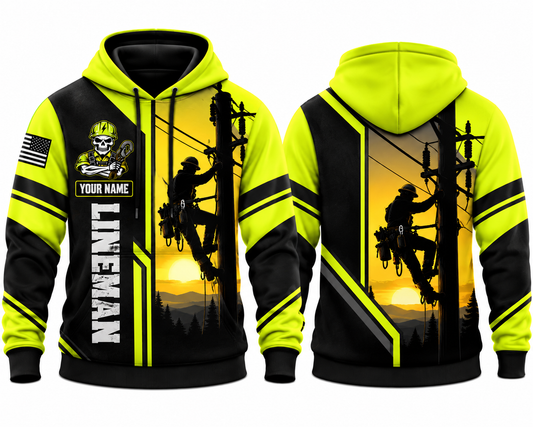 Personalized Lineman 3D Hoodie - High Visibility Sunset Edition