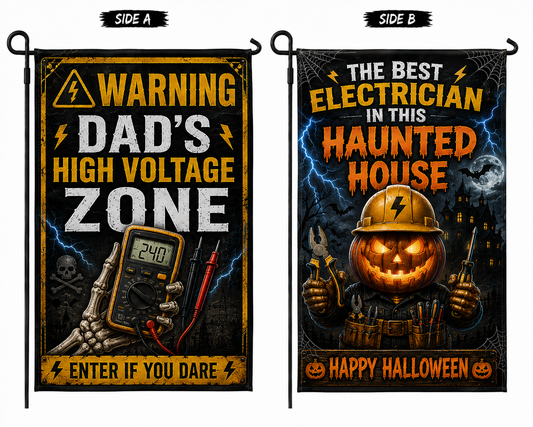 Electrician Dad Halloween Double Sided Garden Flag High Voltage Haunted House Yard Decor