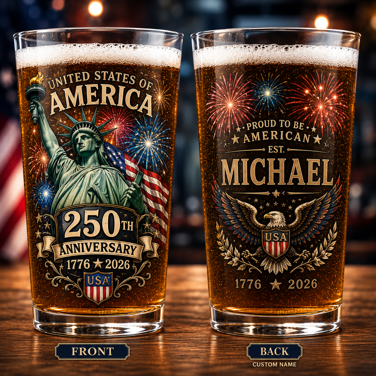 America 250 Fireworks Edition Custom 16oz Pint Beer Glass Patriotic Gift