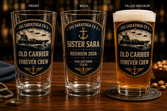 USS Saratoga CV-3 Old Carrier Forever Crew 16 oz Print Glass Beer