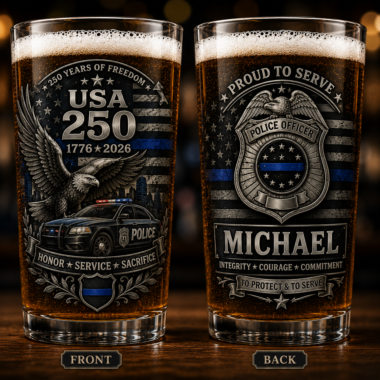Police Veteran USA 250 Anniversary Custom 16oz Pint Beer Glass Thin Blue Line Edition