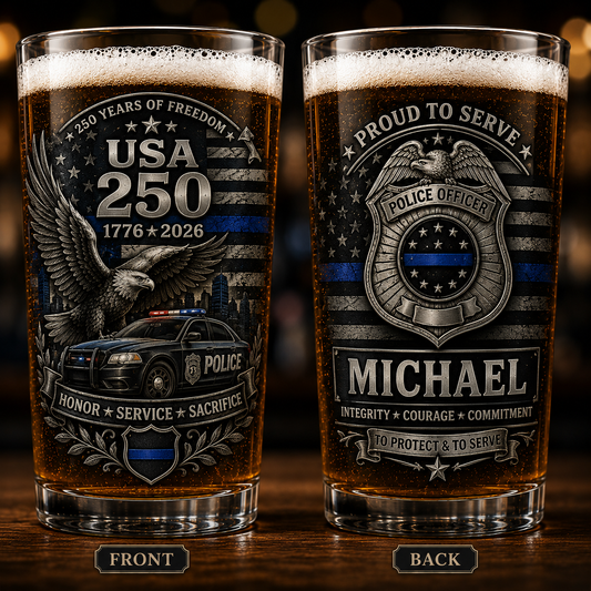 Police Veteran USA 250 Anniversary Custom 16oz Pint Beer Glass Thin Blue Line Edition