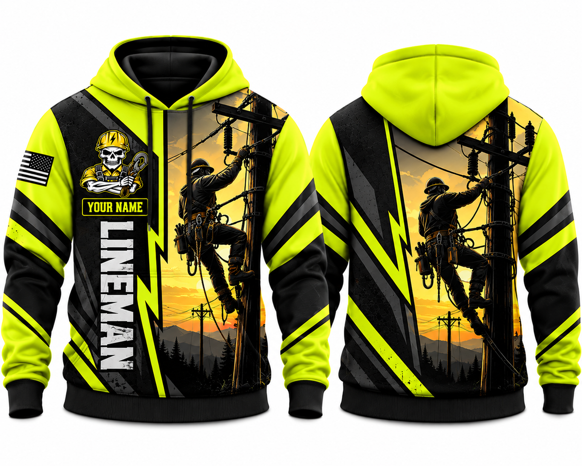Personalized Lineman 3D Hoodie - Neon Yellow Powerline Sunset Edition