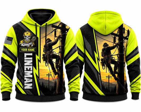 Personalized Lineman 3D Hoodie - Neon Yellow Powerline Sunset Edition