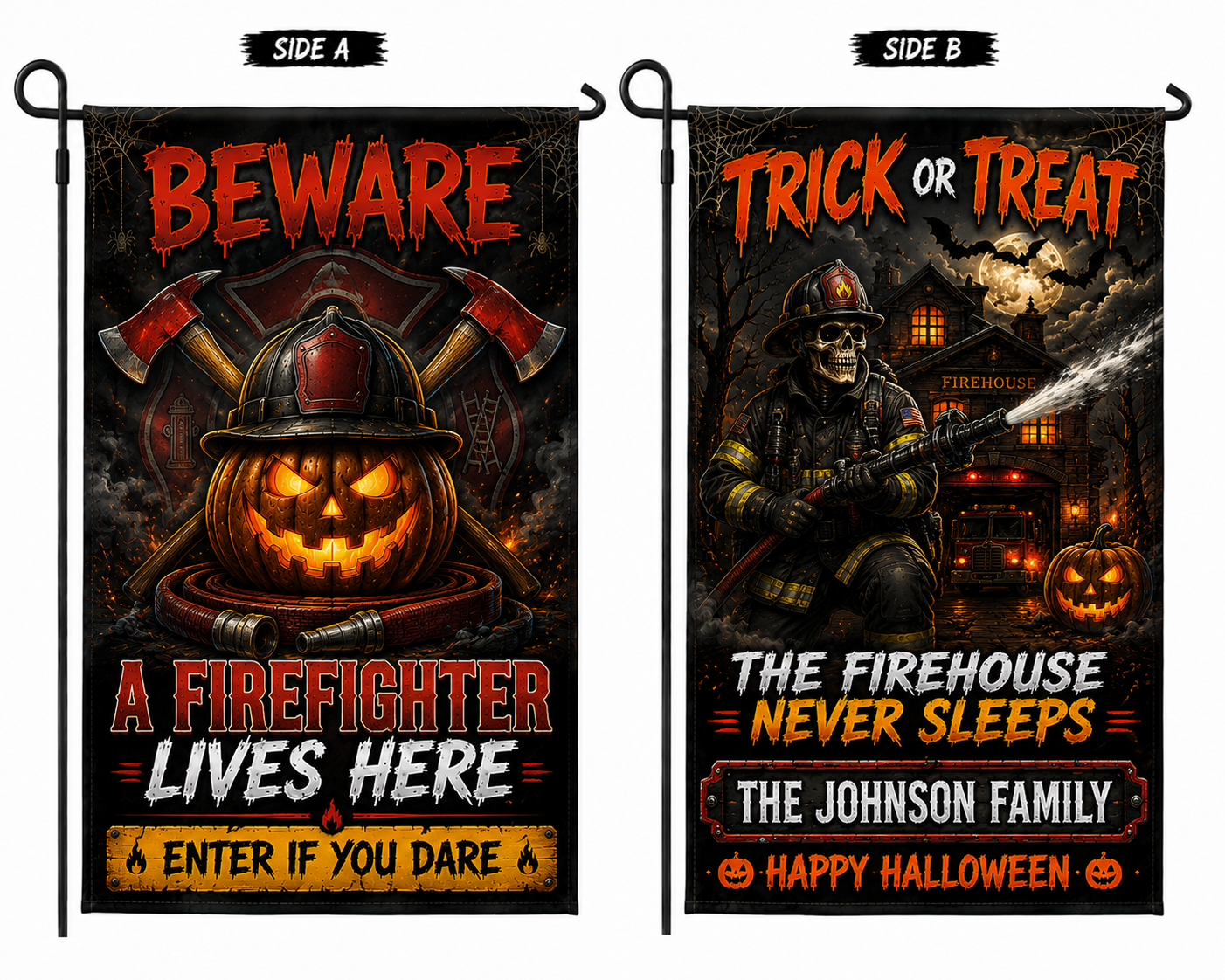 Custom Firefighter Halloween Double Sided Garden Flag Personalized Family Name Yard Decor