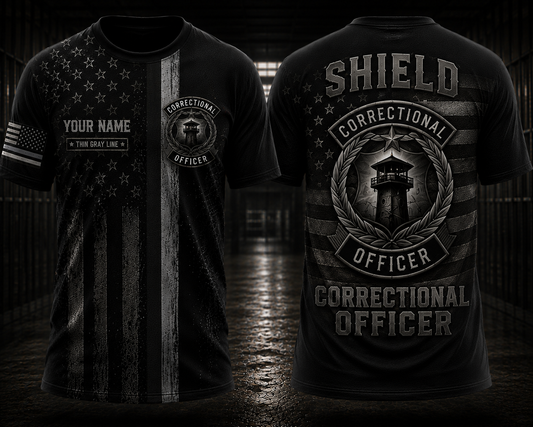Custom Name Thin Gray Line Shield Correctional Officer 3D T-Shirt - Personalized Gift