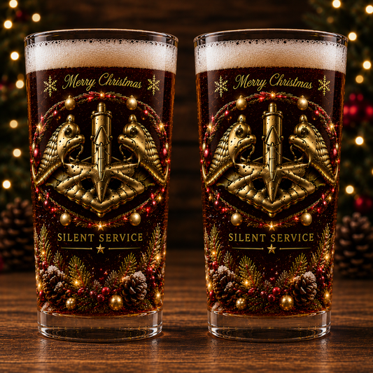 US Navy Silent Service Christmas 16oz Pint Beer Glass | Submarine Dolphins Veteran Gift