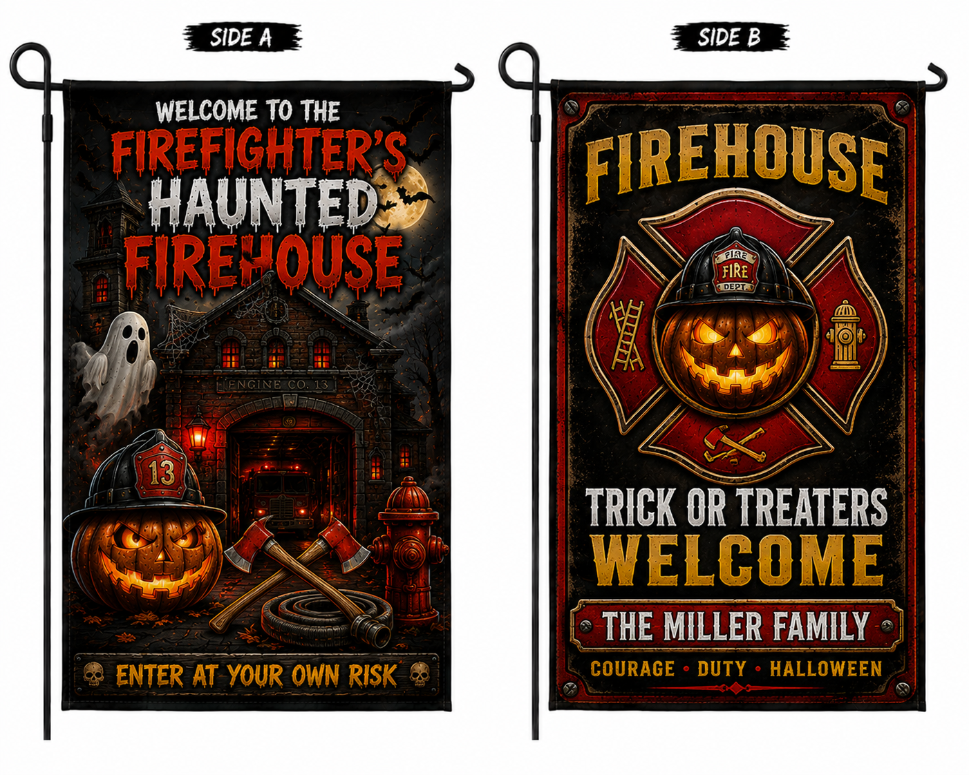 Custom Firefighter Halloween Double Sided Garden Flag Personalized Family Name Firehouse Yard Decor