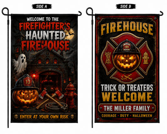 Custom Firefighter Halloween Double Sided Garden Flag Personalized Family Name Firehouse Yard Decor