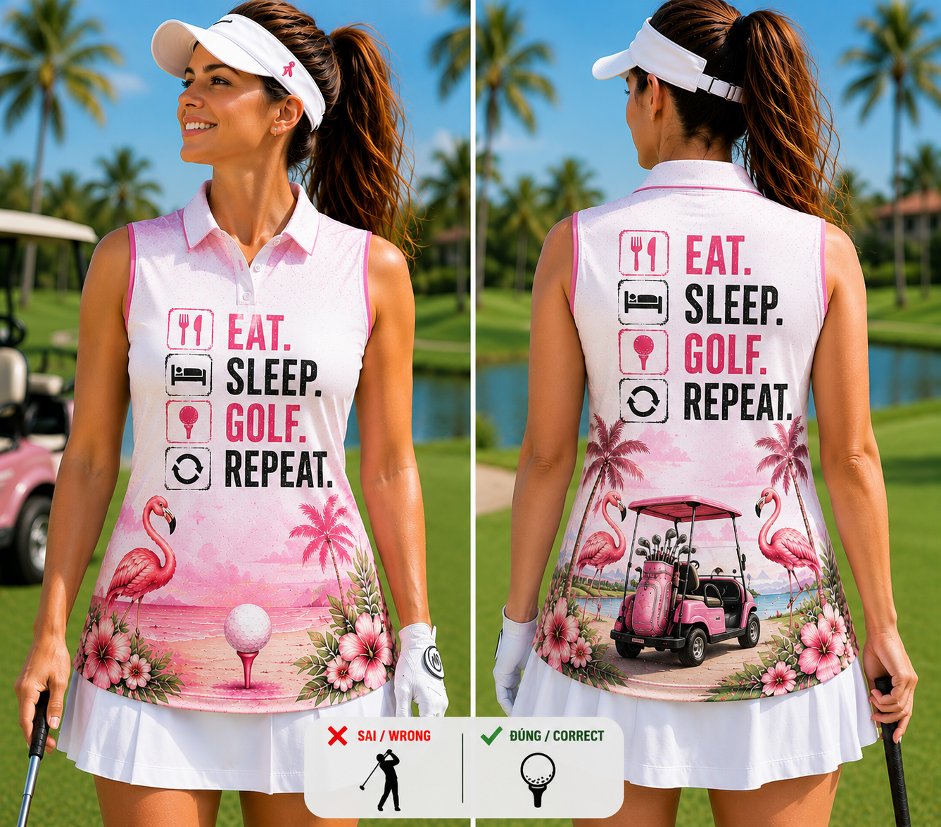 Eat Sleep Golf Repeat Flamingo Women's Sleeveless Athleisure Polo Shirt