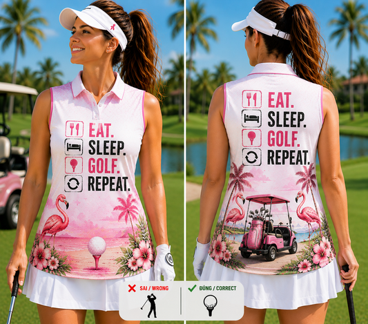 Eat Sleep Golf Repeat Flamingo Women's Sleeveless Athleisure Polo Shirt