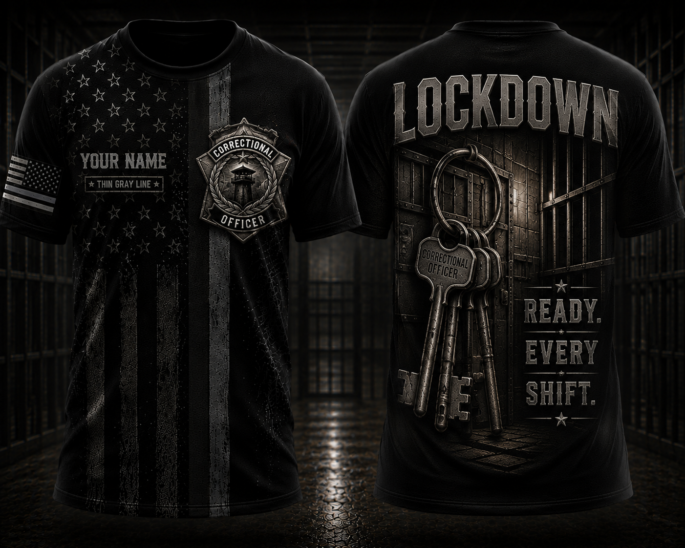 Custom Name Thin Gray Line Correctional Officer 3D T-Shirt - Lockdown Ready Every Shift