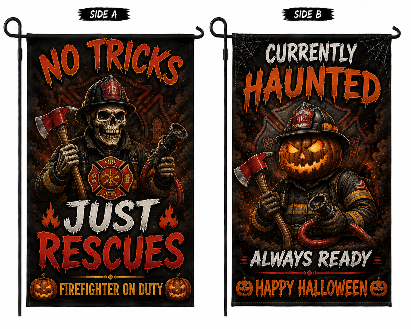 Firefighter Halloween Double Sided Garden Flag No Tricks Just Rescues Yard Decor
