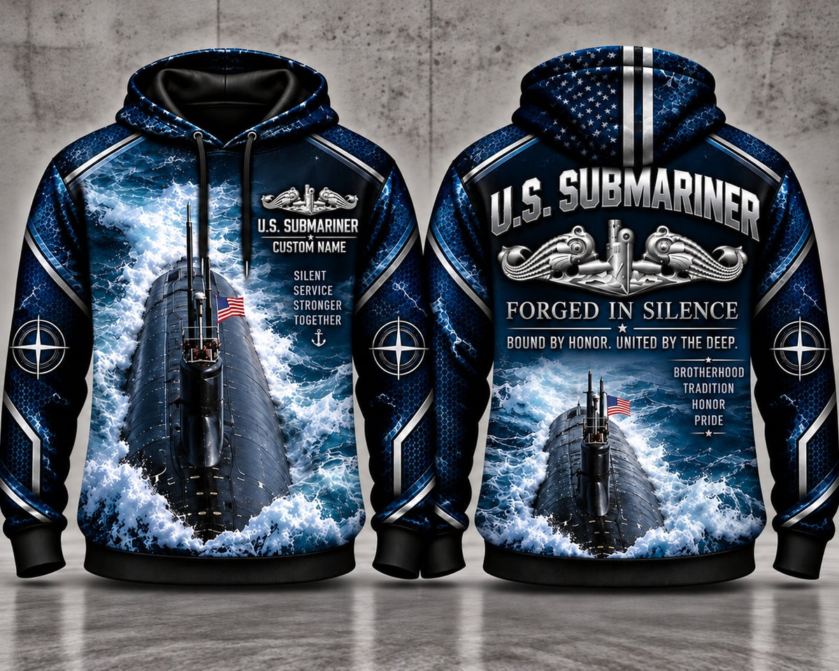 US Navy Submariner Forged in Silence Custom Name 3D Hoodie - Silver Dolphins Silent Service TT