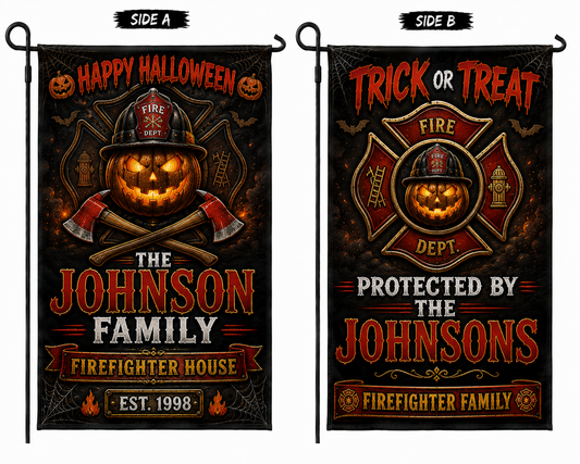 Custom Firefighter Family Halloween Double Sided Garden Flag Personalized Yard Decor
