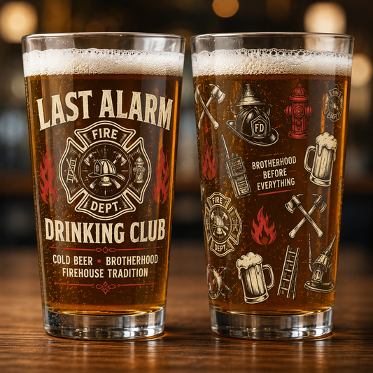 Last Alarm Drinking Club Firefighter Pint Glass Beer Mug