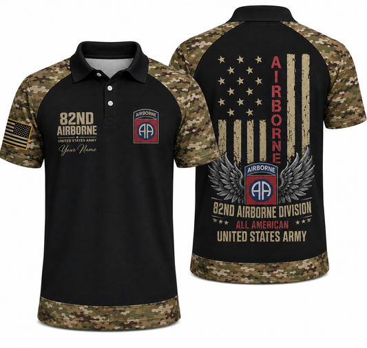 Custom Name US Army 82nd Airborne All American Camo Polo Shirt