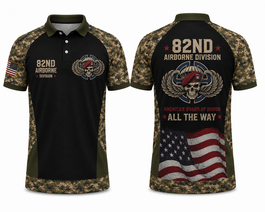 US Army 82nd Airborne Division All The Way Camo Polo Shirt