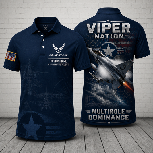 Custom Name US Air Force F-16 Fighting Falcon Viper Nation Polo Shirt