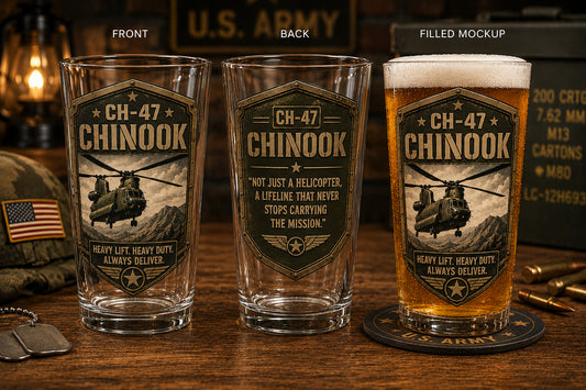 CH-47 Chinook Pint Beer Glass - US Army Helicopter Veteran Gift - Military Aviation Barware 16 oz Print Glass Beer