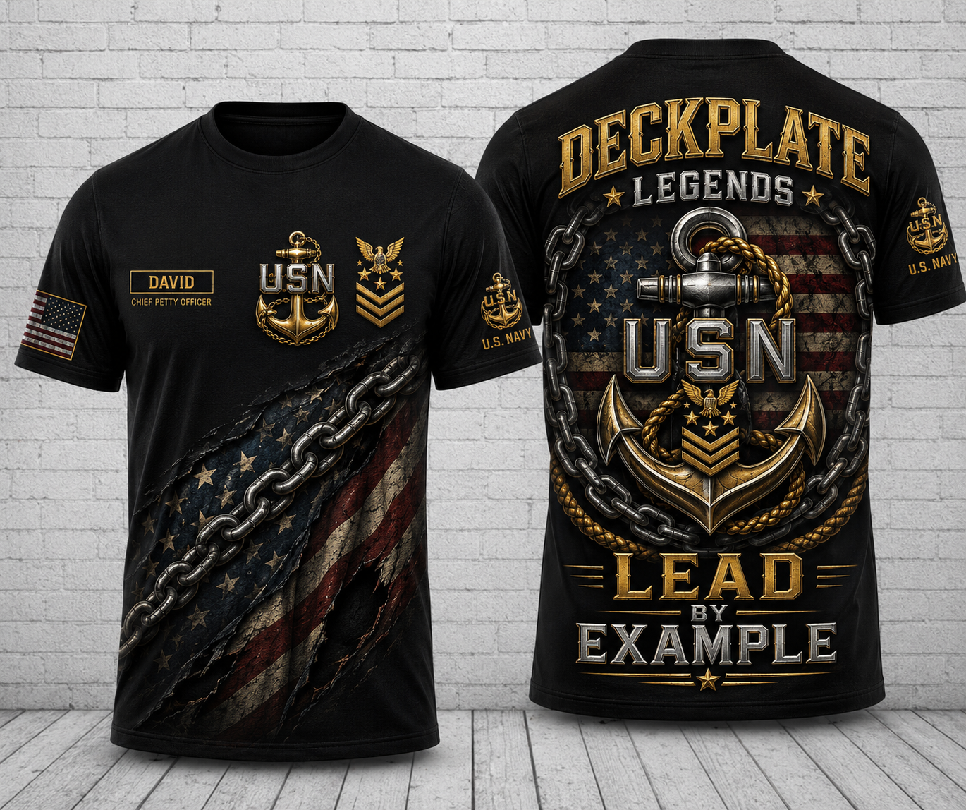 Custom Name DECKPLATE LEGENDS US Navy Chief 3D T-Shirt