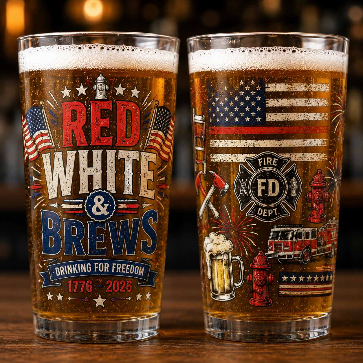USA 250th Anniversary Firefighter Beer Pint Glass