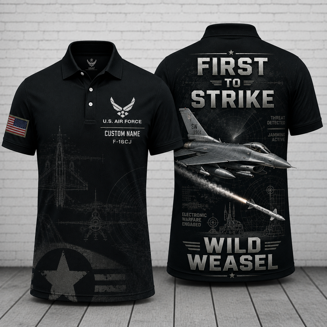 Custom Name US Air Force F-16CJ Wild Weasel Polo Shirt - First to Strike