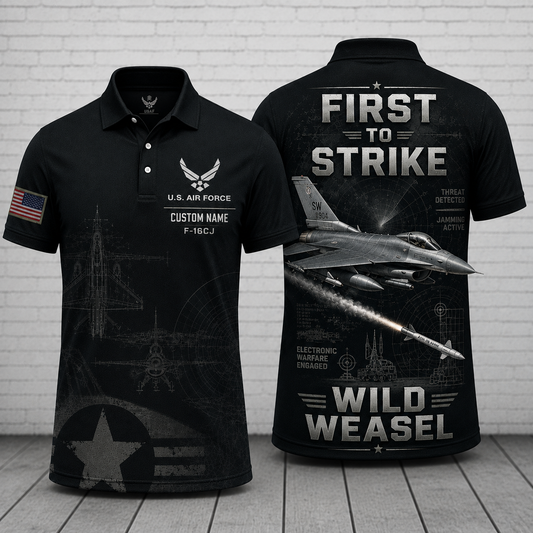 Custom Name US Air Force F-16CJ Wild Weasel Polo Shirt - First to Strike