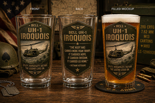 Bell UH-1 Iroquois Pint Beer Glass - Huey Helicopter Veteran Gift - US Army Aviation Barware 16 oz Print Glass Beer