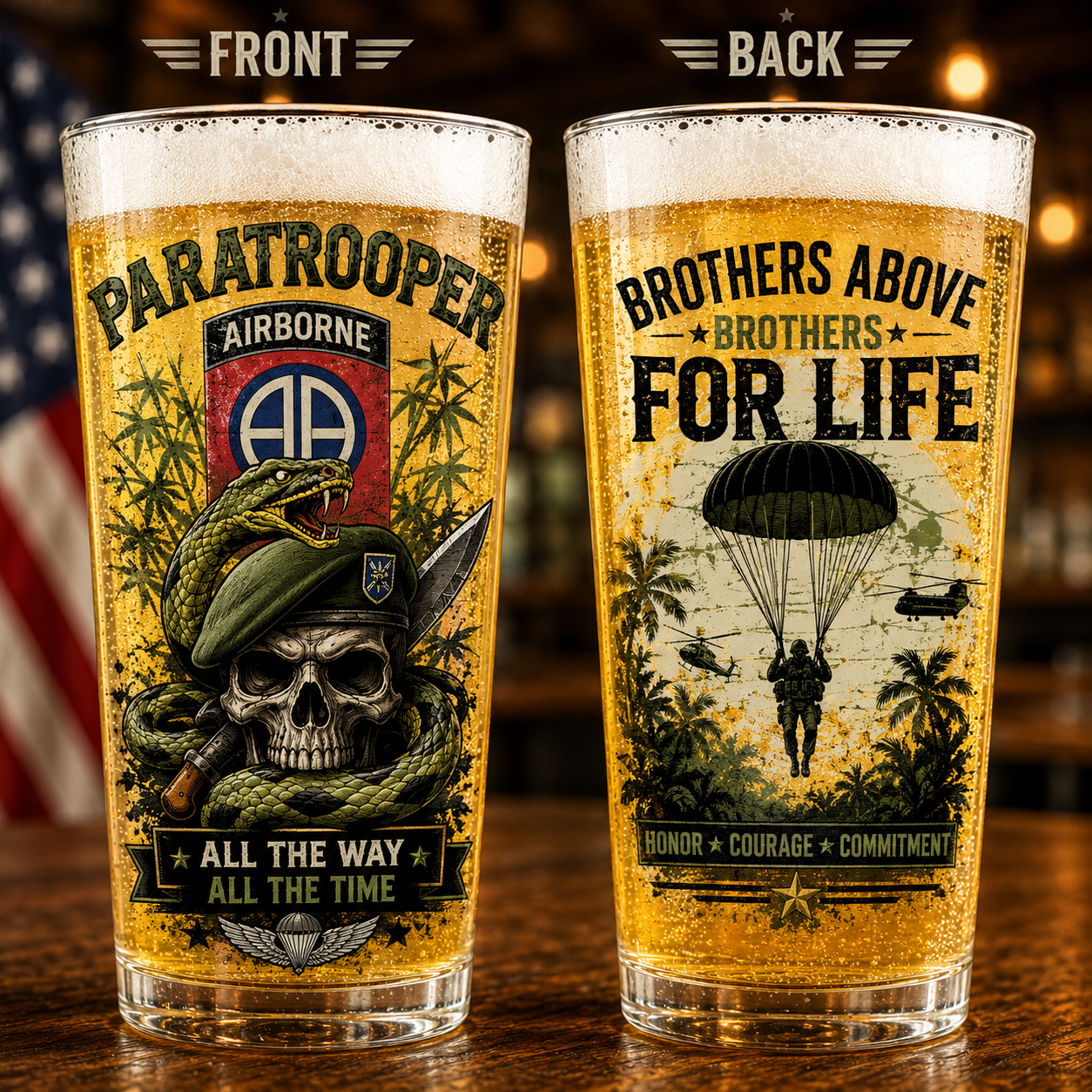 Paratrooper Skull Airborne Veteran 16oz Pint Beer Glass