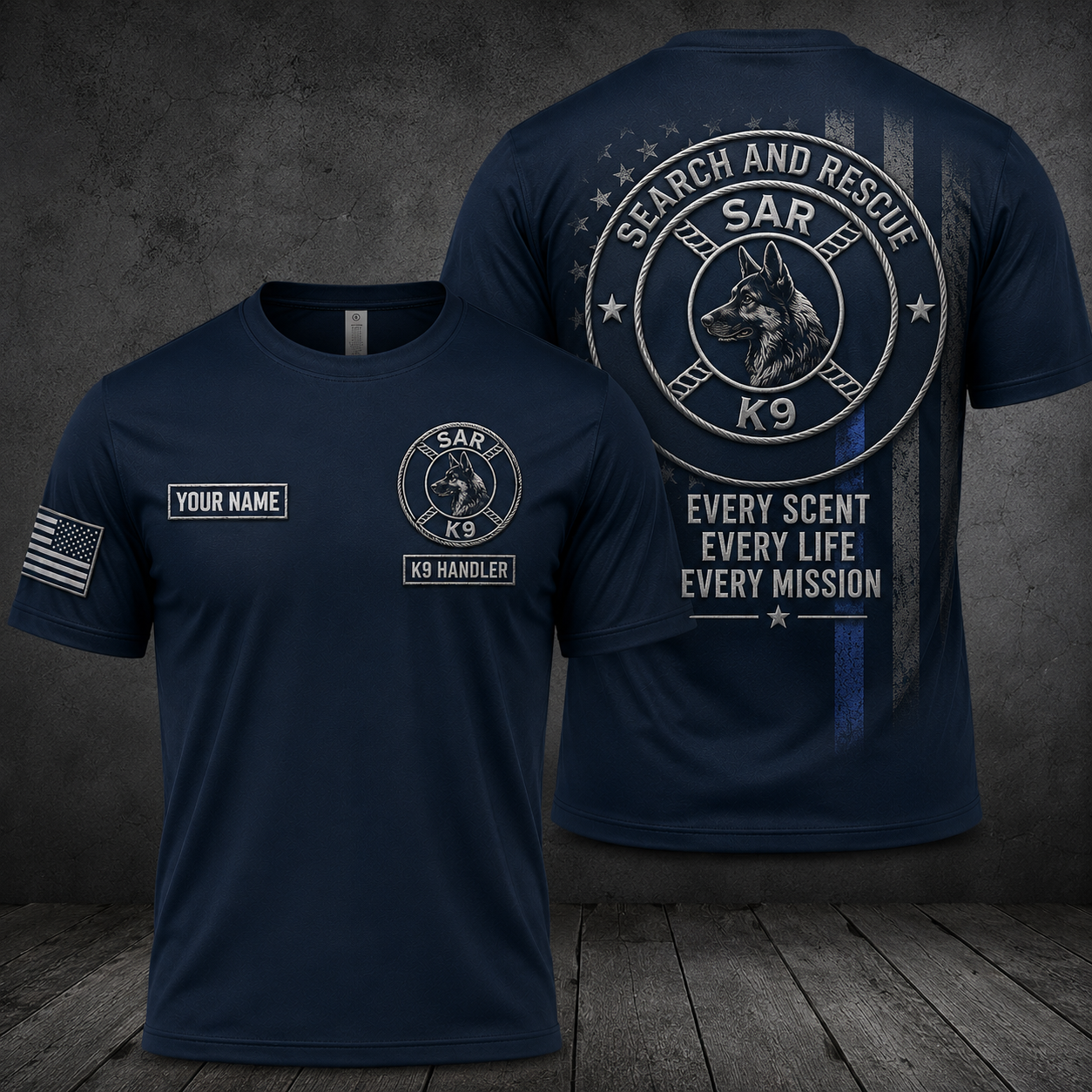 Custom Name Search and Rescue K9 Handler Memorial 3D T-Shirt - Thin Blue Line SAR Dog