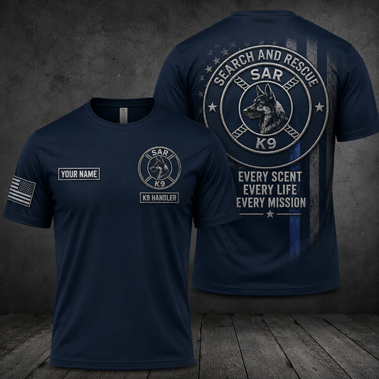 Custom Name Search and Rescue K9 Handler Memorial 3D T-Shirt - Thin Blue Line SAR Dog