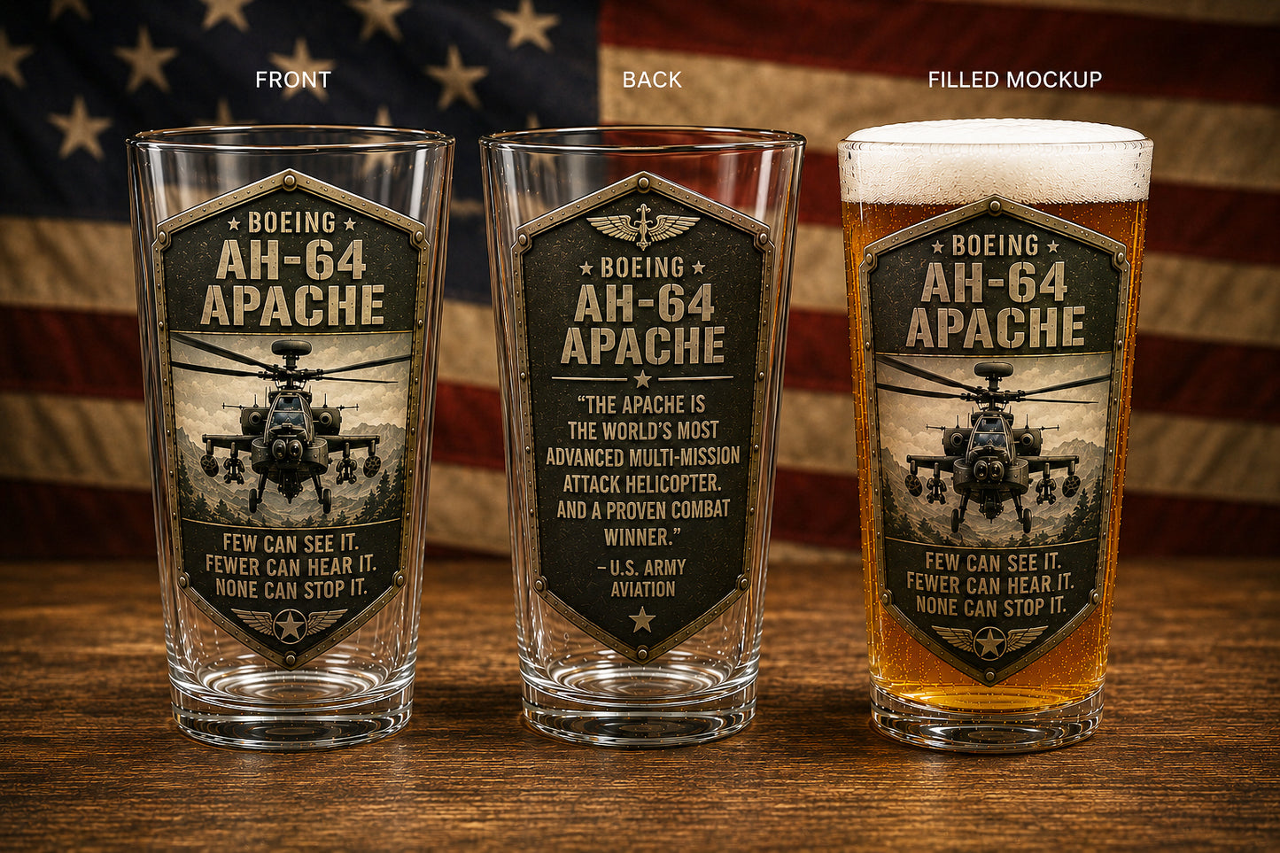 Boeing AH-64 Apache Pint Beer Glass - US Army Attack Helicopter Veteran Gift - Military Aviation Barware 16 oz Print Glass Beer