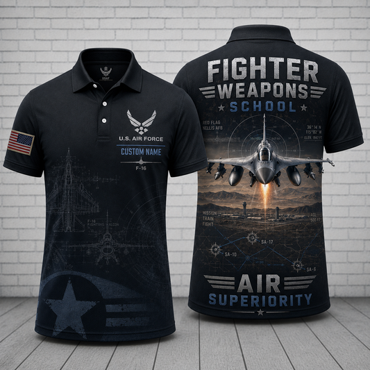 Custom Name US Air Force F-16 Fighter Weapons School Polo Shirt  Air Superiority