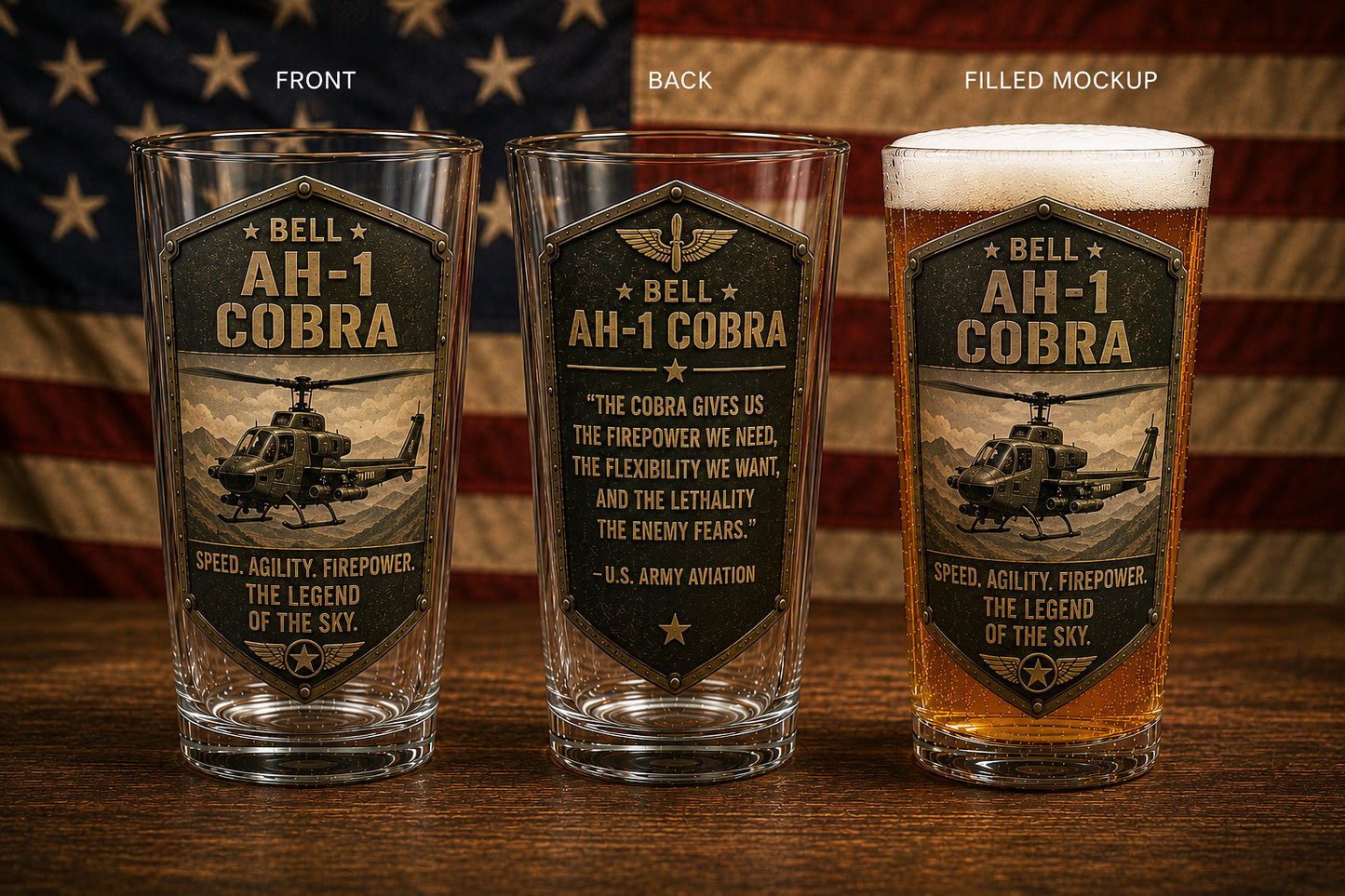 Bell AH-1 Cobra Pint Beer Glass – US Army Attack Helicopter Veteran Gift – Military Aviation Barware 16 oz Print Glass Beer TT1805PK10