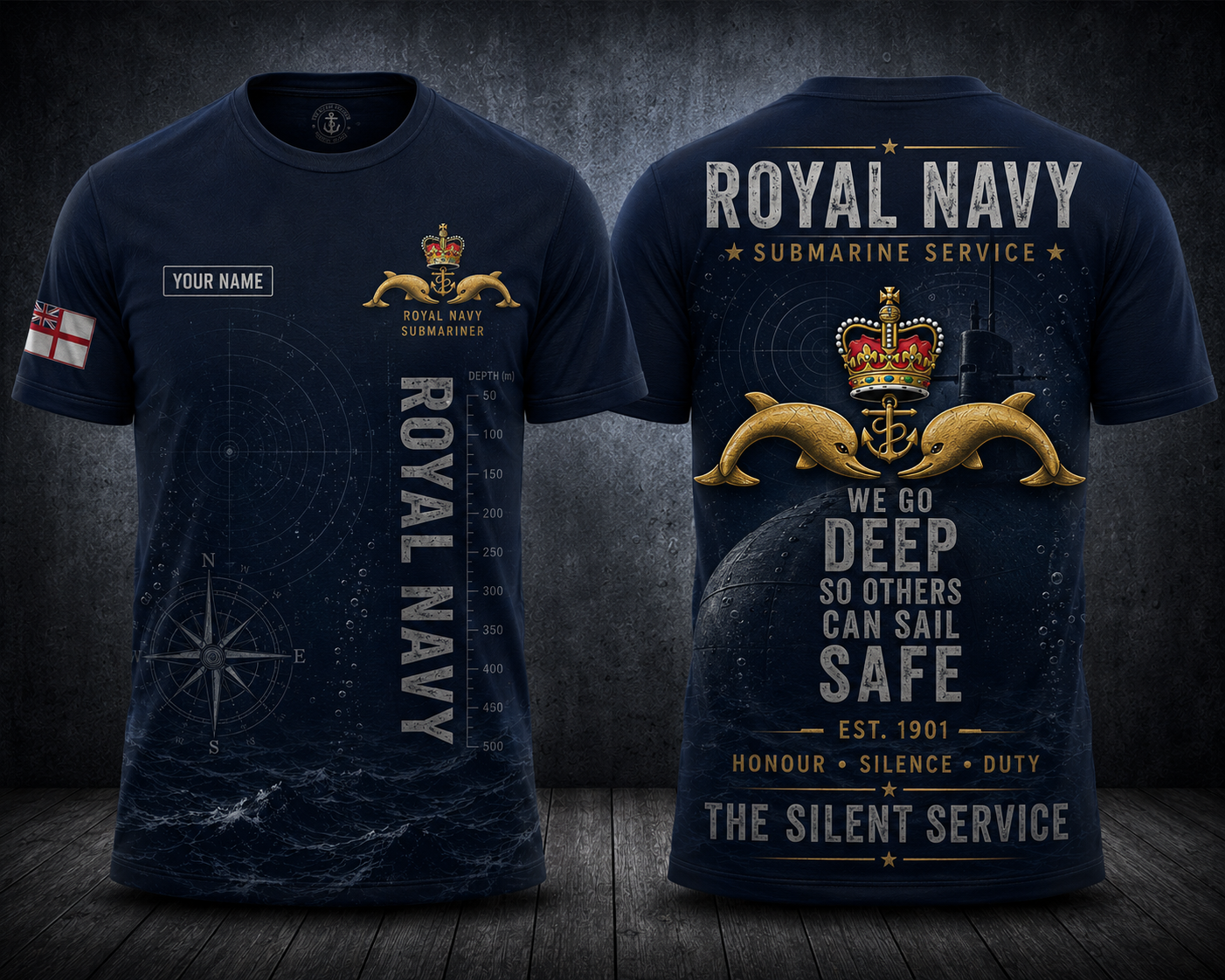 Custom Name Royal Navy Submarine Service The Silent Service 3D T-Shirt