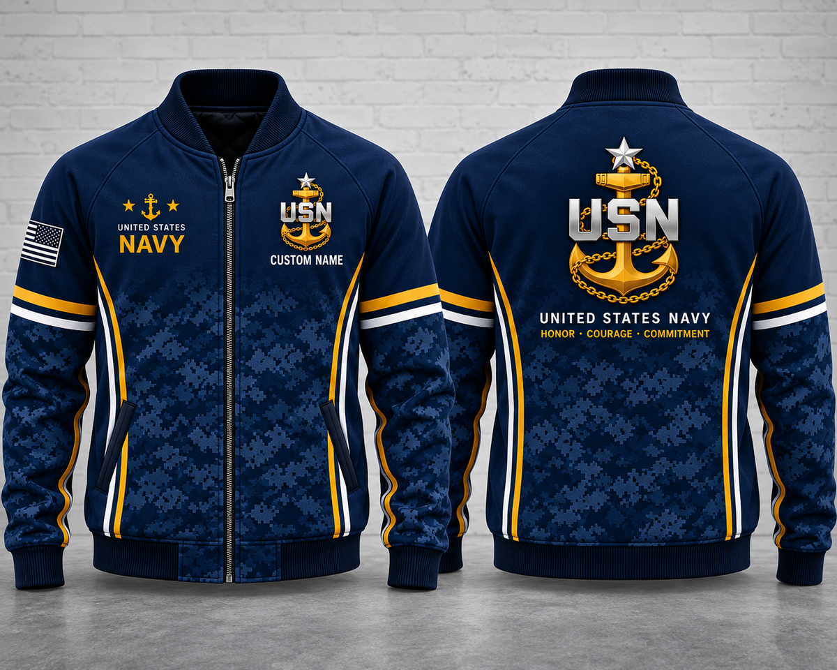 Custom Name US Navy USN Anchor AOP Fleece Bomber Jacket