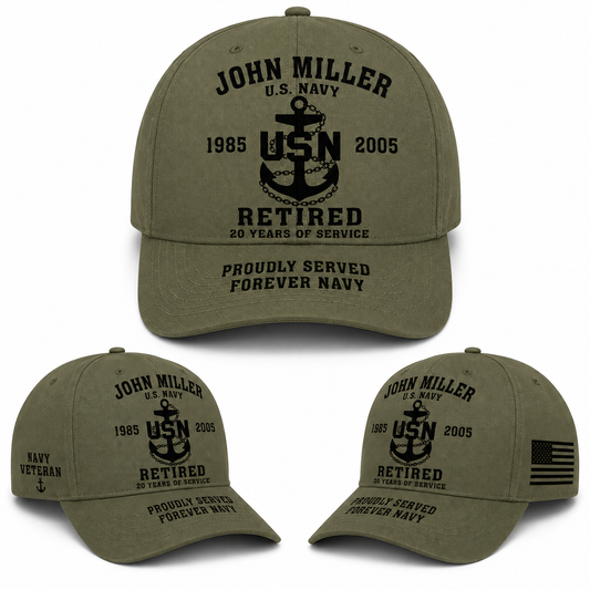 Custom US Navy Retired Veteran Name and Service Years Baseball Cap