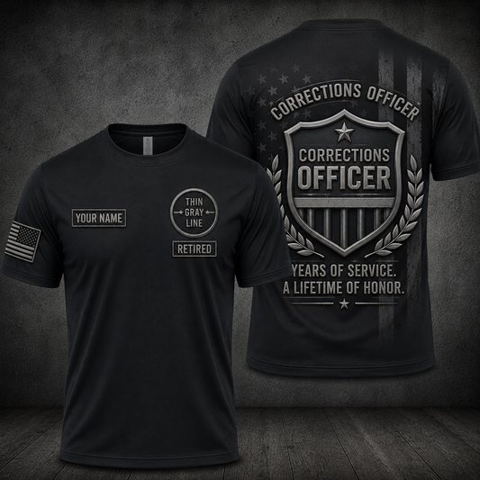 Custom Name Thin Gray Line Retired Corrections Officer 3D T-Shirt - Personalized Correctional Officer Gift