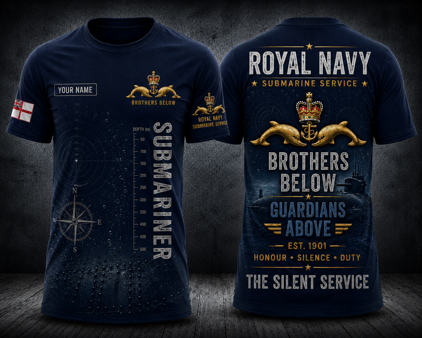 Custom Name Royal Navy Submariner Brothers Below Guardians Above 3D T-Shirt