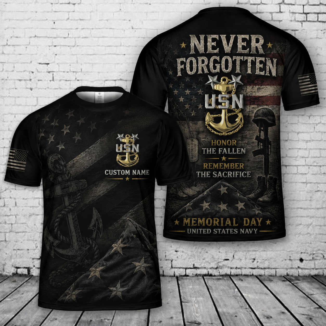 Custom Name US Navy Memorial Day Never Forgotten 3D T-Shirt