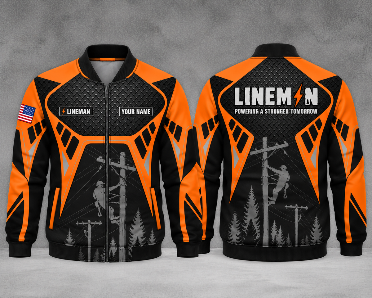 Lineman Powering A Stronger Tomorrow Personalized AOP Fleece Bomber Jacket