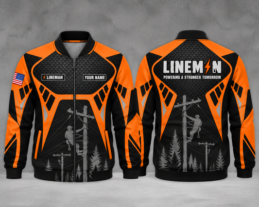 Lineman Powering A Stronger Tomorrow Personalized AOP Fleece Bomber Jacket