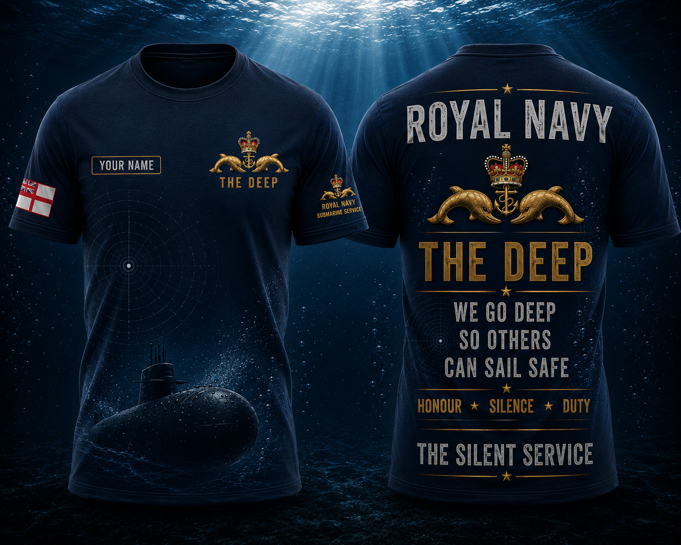 Custom Name Royal Navy Submarine Service The Deep 3D T-Shirt