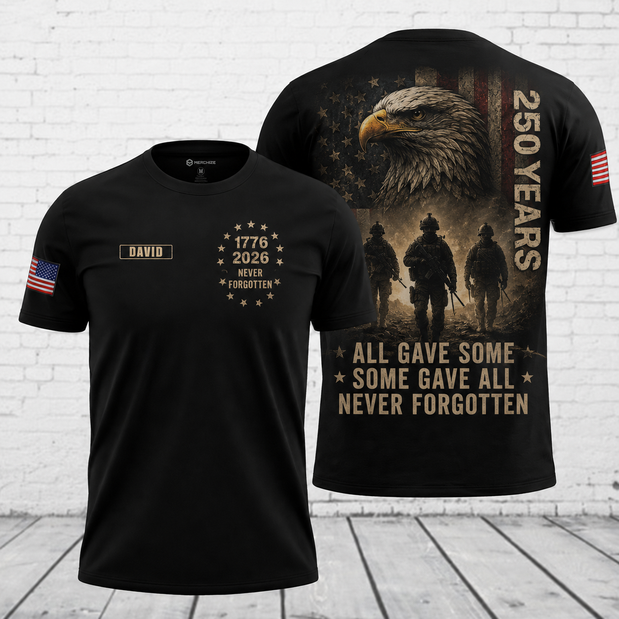 Never Forgotten America 250 Custom Name 3D T-Shirt - Patriotic Veteran Memorial Shirt