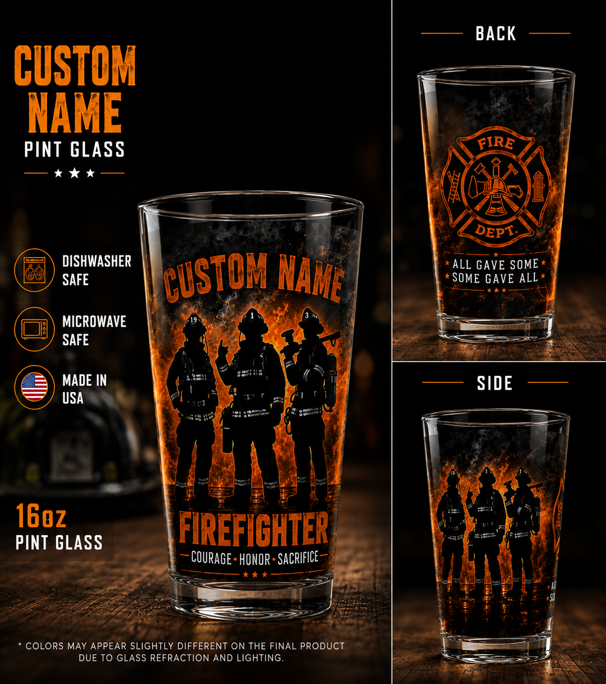 Custom Name Firefighter Pint Glass Courage Honor Sacrifice