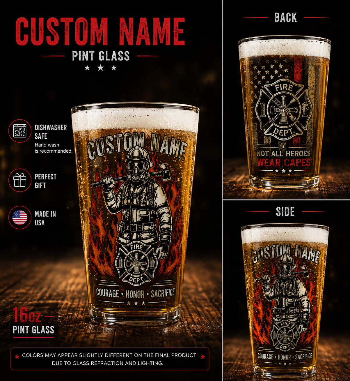 Personalized Firefighter Beer Pint Glass Fire Dept Gift