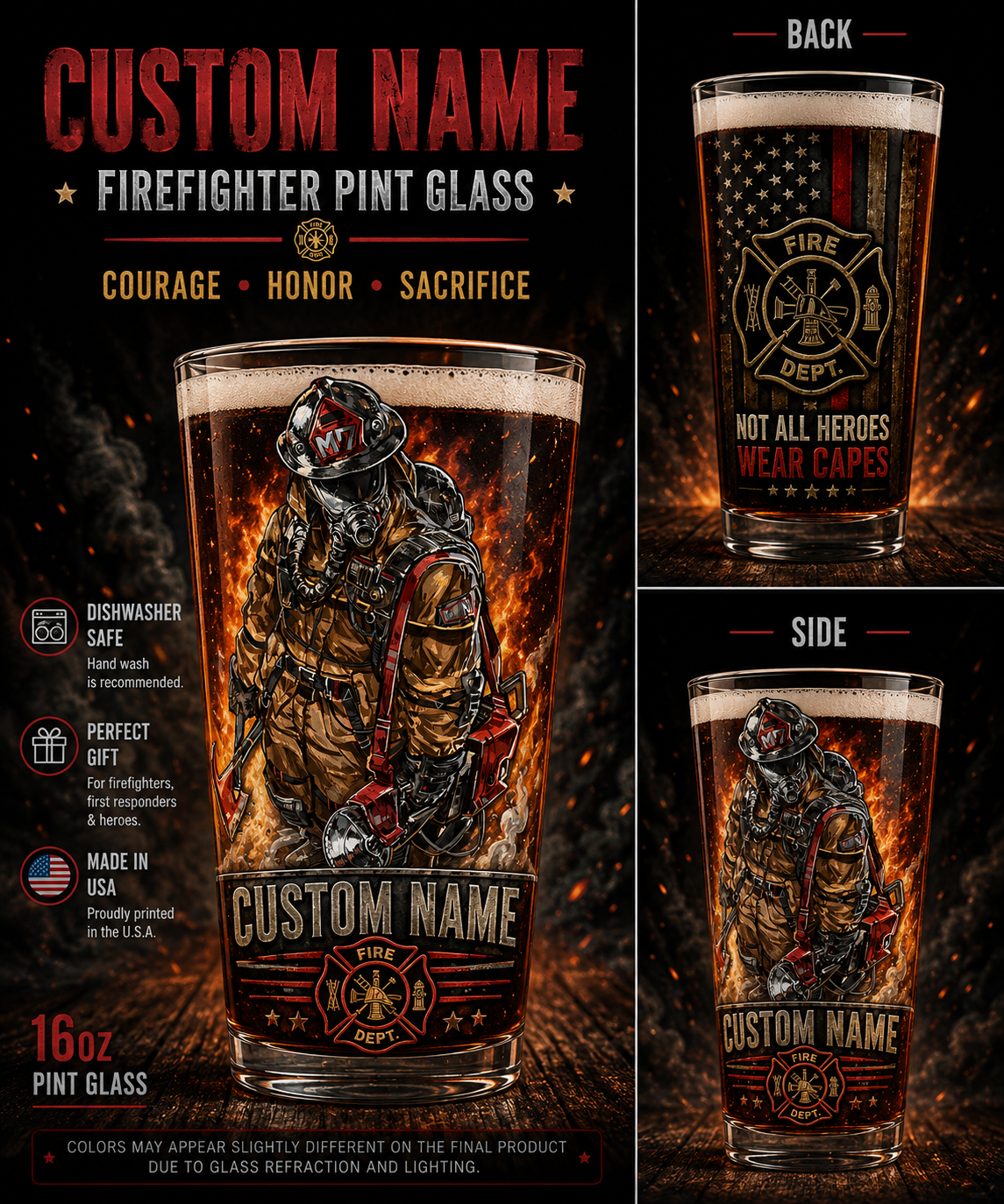 Personalized Firefighter Beer Pint Glass Fire Dept Gift