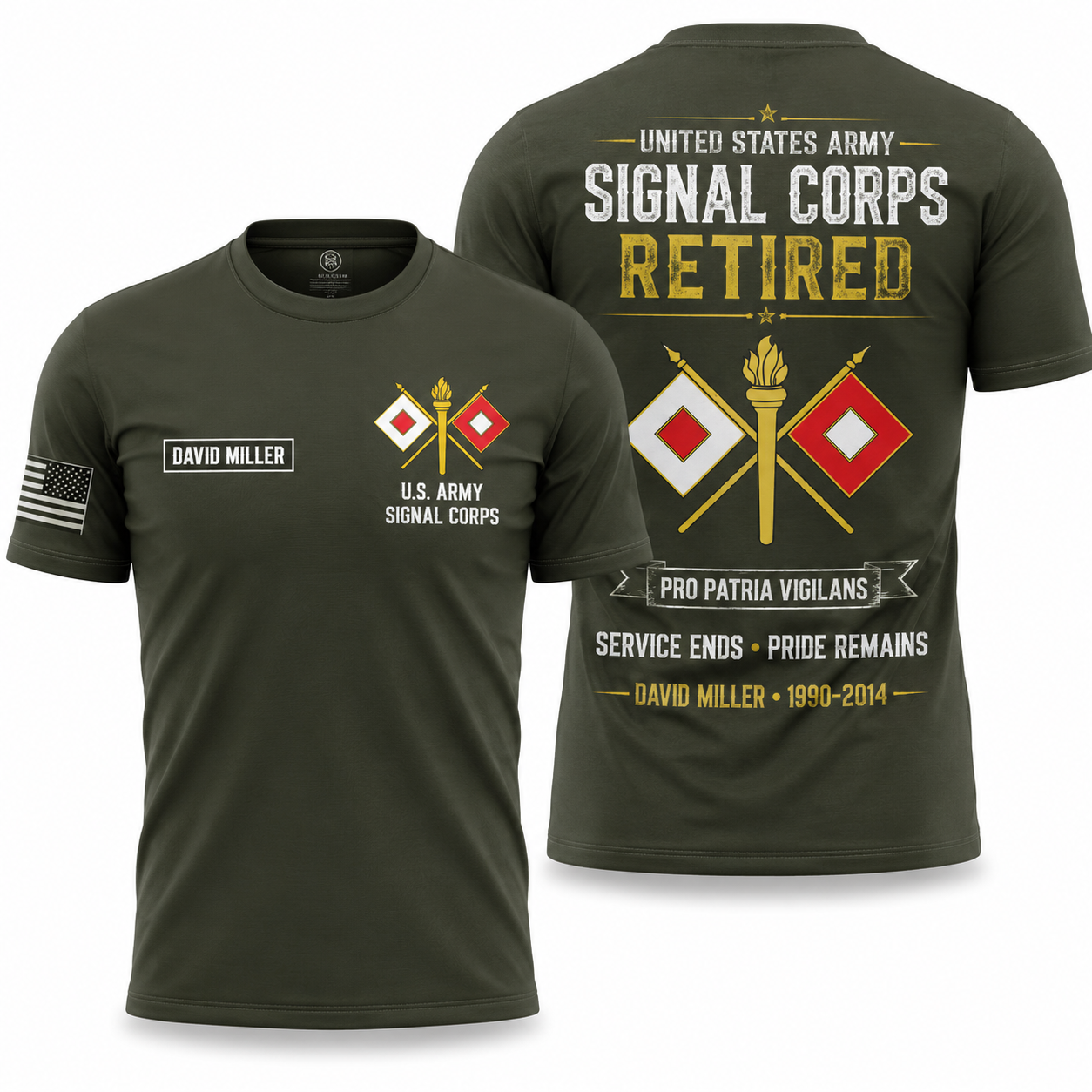Custom Name US Army Signal Corps Retired Veteran 3D T-Shirt