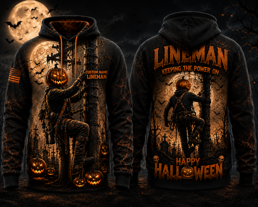Custom Name Lineman Keeping The Power On Halloween 3D Hoodie